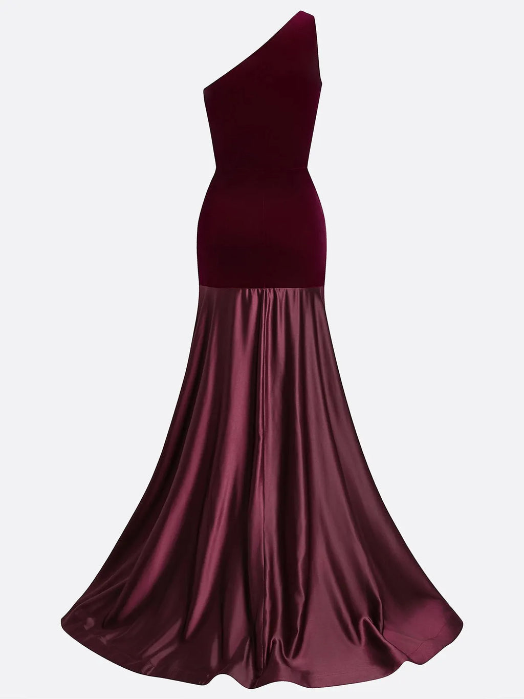 Burgundy Satin Ruched Split Joint Velvet One Shoulder Sleeveless A-Line Gown Dress