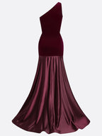 Burgundy Satin Ruched Split Joint Velvet One Shoulder Sleeveless A-Line Gown Dress