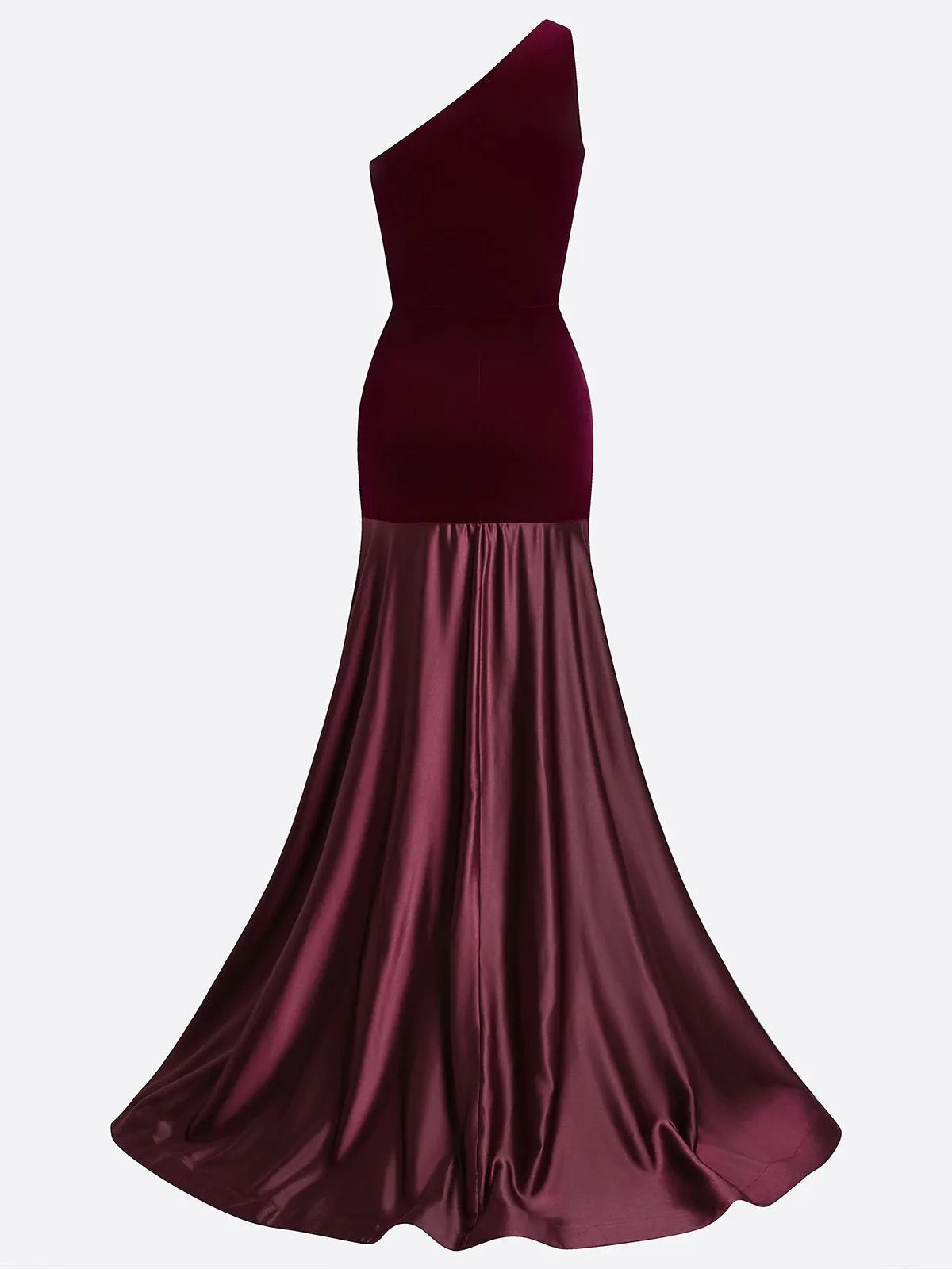 Burgundy Satin Ruched Split Joint Velvet One Shoulder Sleeveless A-Line Gown Dress