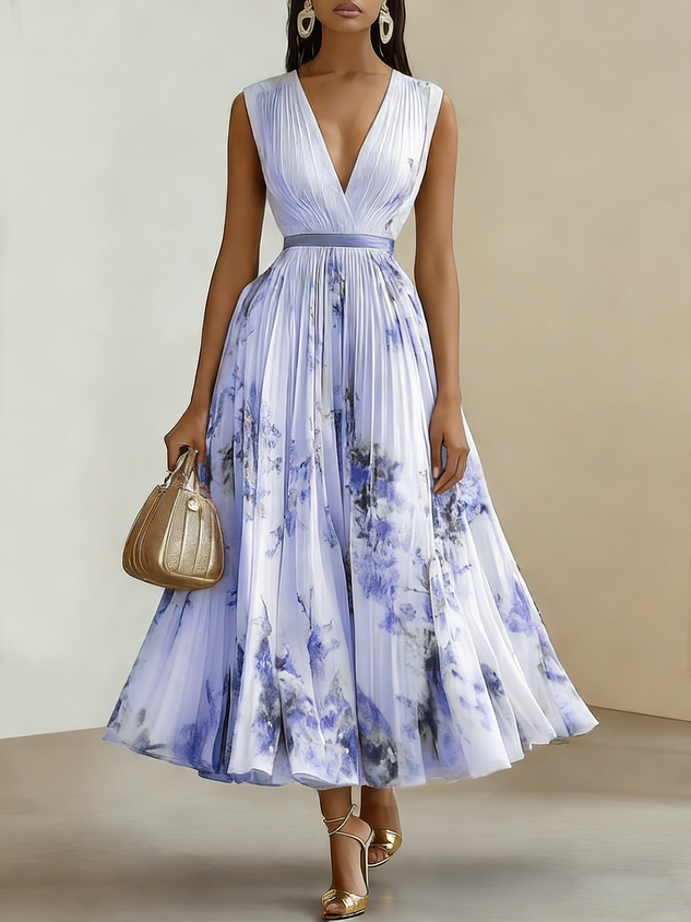 White Pleated Floral Chiffon V Neck Sleeveless A-Line Midi Dress