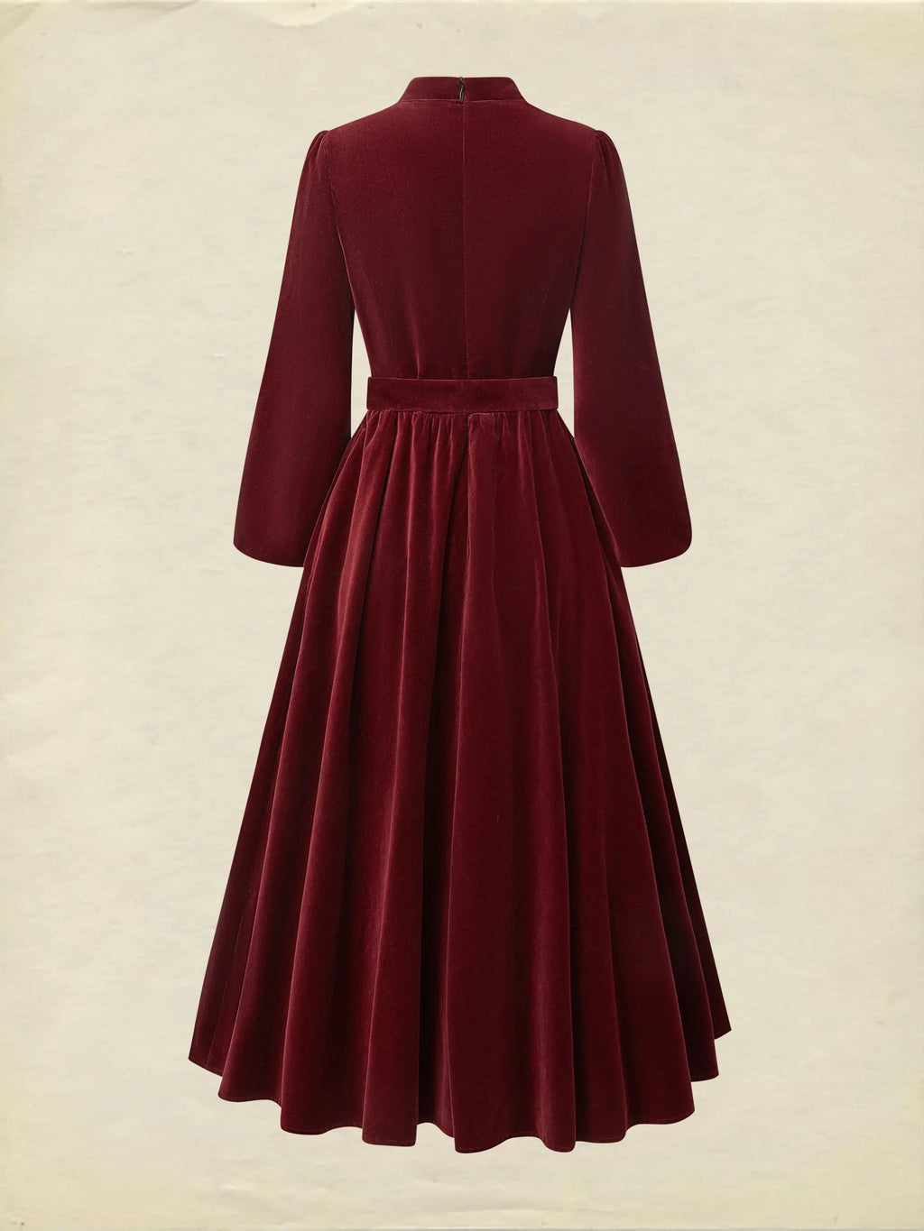 Midi Cotton Dress, Long Sleeves, Stand Collar, Plain, Vintage, Wine Red