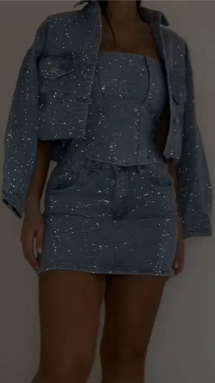 Rhinestone Cropped Jacket & Mini Skirt 3 Piece Matching Set