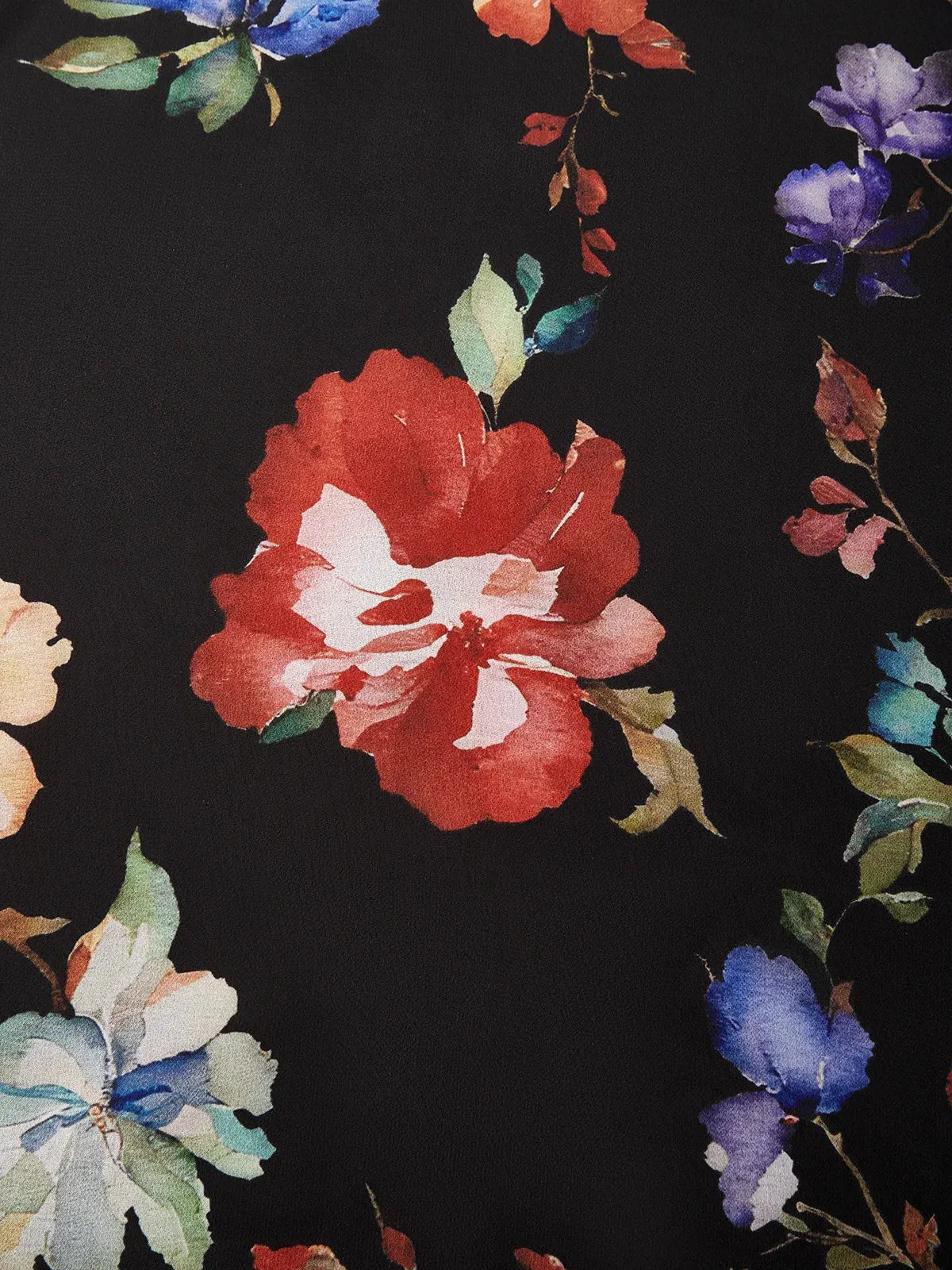 Black Floral Chiffon V Neck Short Sleeve Bell Sleeve A-Line Midi Dress