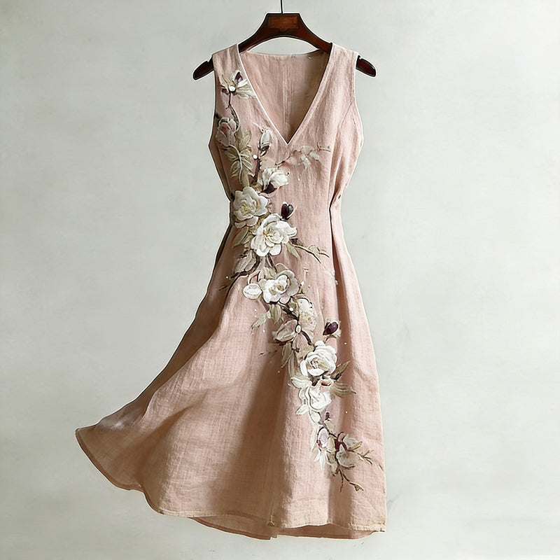 Women's Vintage Rose And Plum Blossom Pattern Casual Linen Blend Dress