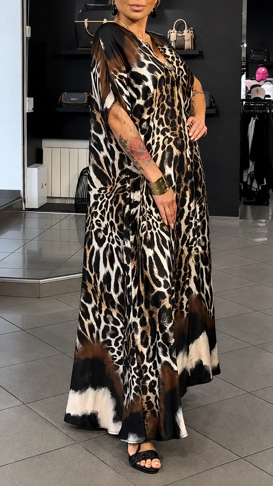 Leopard Print V‑Neck Chiffon Kaftan Dress