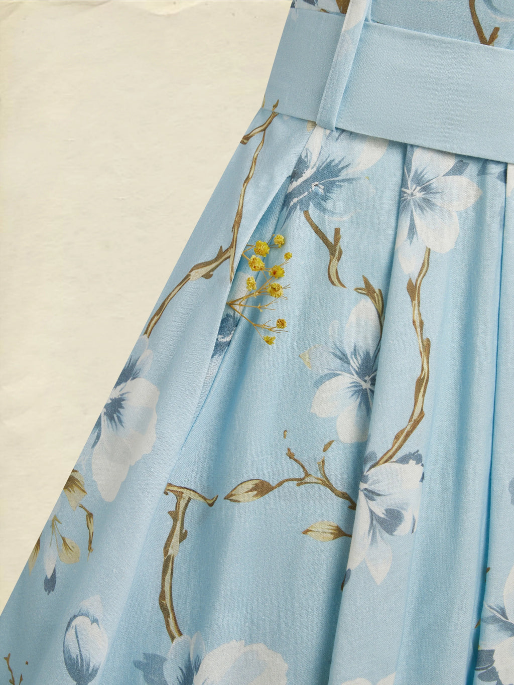 Maxi Linen Dress, Sleeveless, One Shoulder, Floral, Belt Design, Vacation, Vintage, Blue