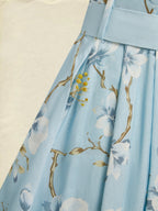 Maxi Linen Dress, Sleeveless, One Shoulder, Floral, Belt Design, Vacation, Vintage, Blue