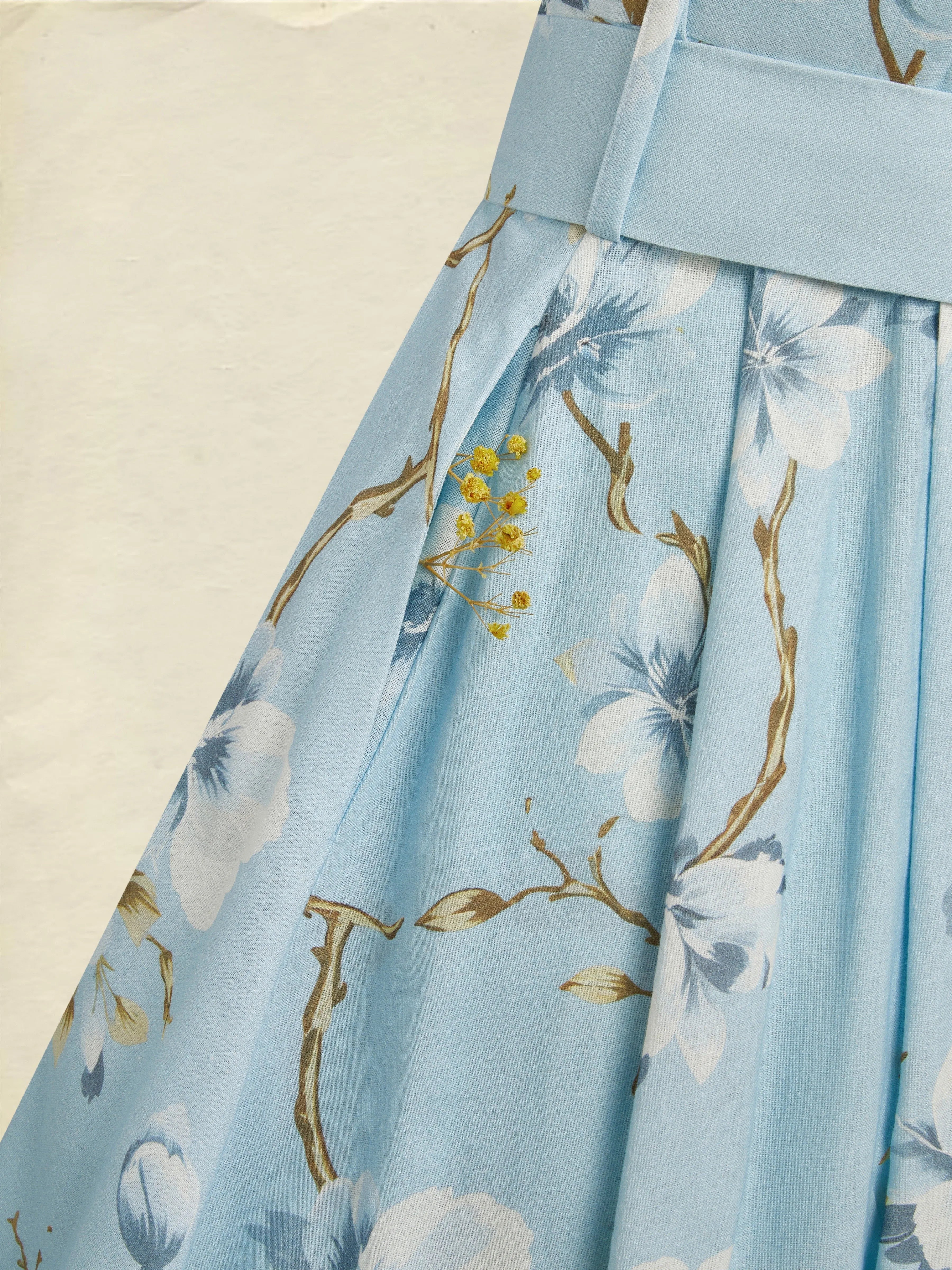 Maxi Linen Dress, Sleeveless, One Shoulder, Floral, Belt Design, Vacation, Vintage, Blue