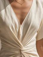 Cream Linen-Blend Twist-Front V-Neck Flutter Sleeve Midi Dress