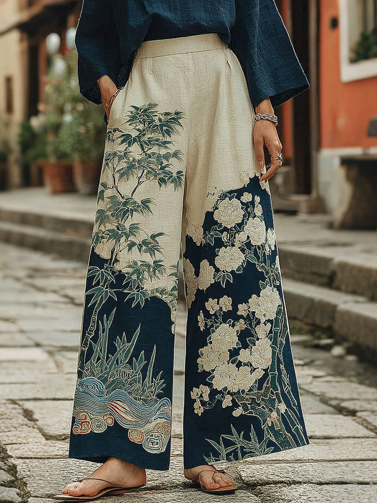 Women's Vintage Japanese Flower Art Print Pants