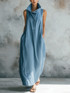 Light Wash Sleeveless Denim Maxi Dress | Collared Henley Casual Dress