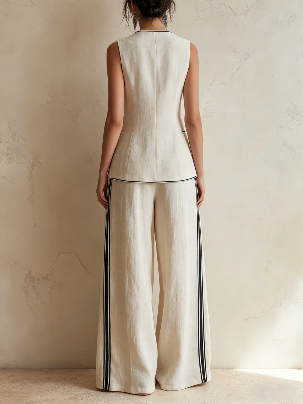 Cream Linen-Blend Double-Breasted Vest & Wide-Leg Trousers Co-ord Set