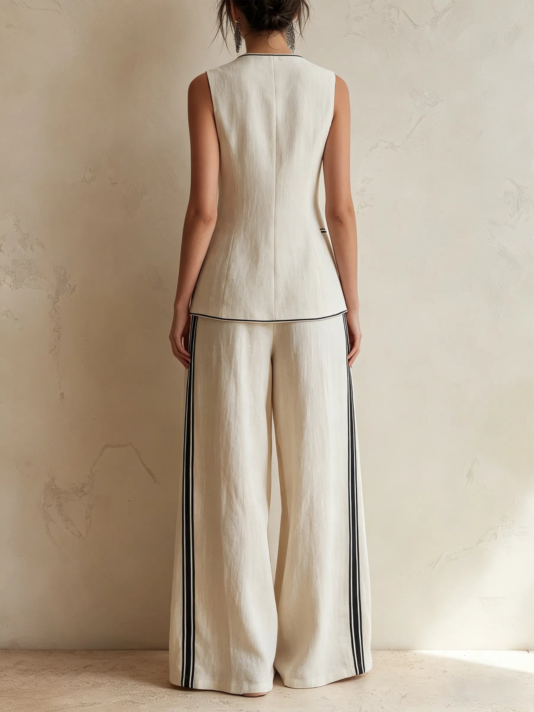 Cream Linen-Blend Double-Breasted Vest & Wide-Leg Trousers Co-ord Set