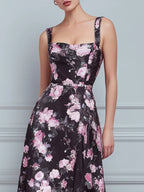 Black Pink Floral Square Neck Sleeveless A-Line Midi Dress