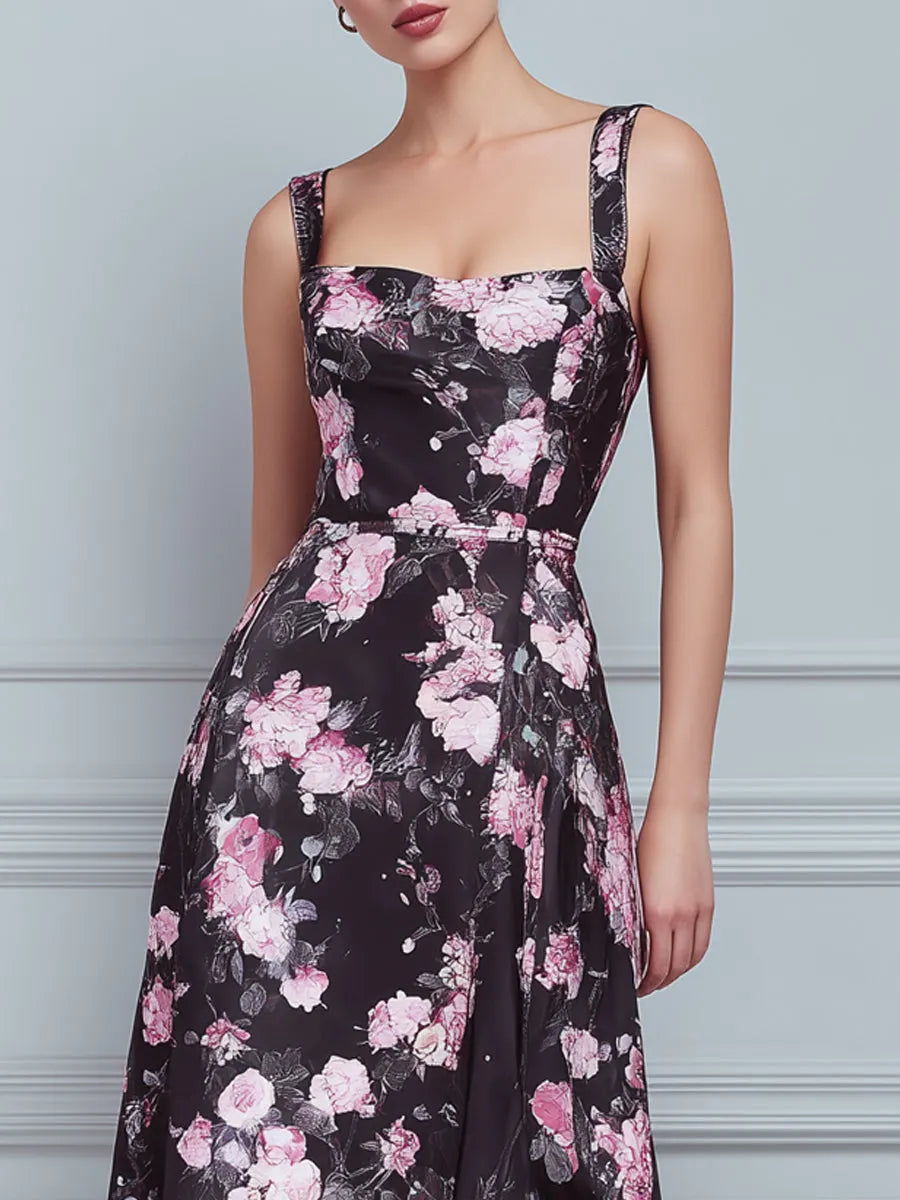 Black Pink Floral Square Neck Sleeveless A-Line Midi Dress
