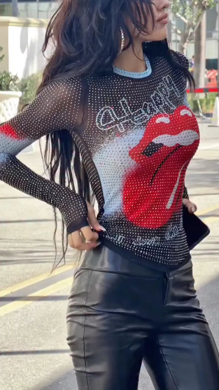 Rhinestone Mesh Graphic Long Sleeve Top
