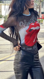 Rhinestone Mesh Graphic Long Sleeve Top