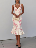 White Pink Floral V Neck Sleeveless Mermaid Midi Dress