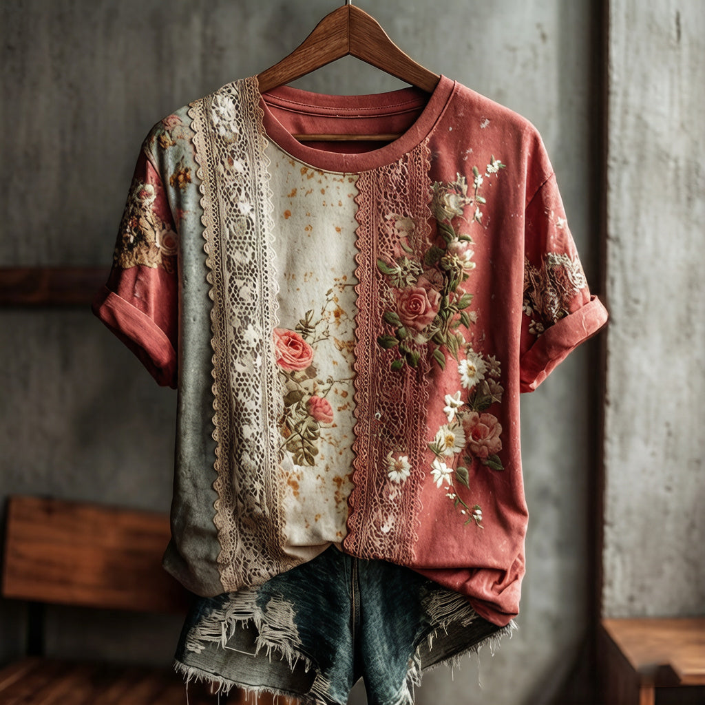 Women's Retro Lace Floral Art Casual Short-sleeve T-shirt