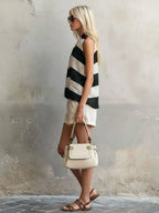 Casual Retro Striped Sleeveless Chiffon Blouse And White Cotton Linen Shorts Set