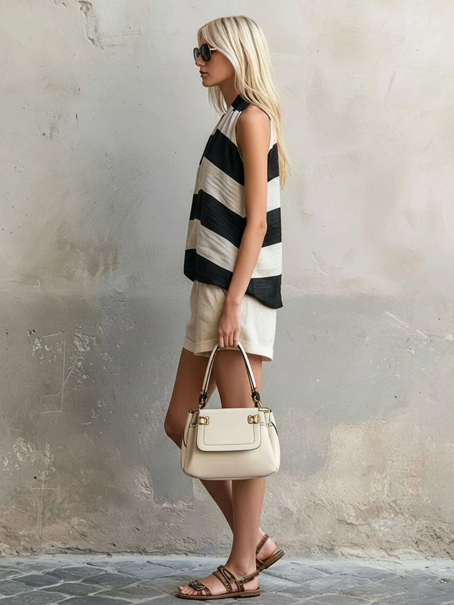 Casual Retro Striped Sleeveless Chiffon Blouse And White Cotton Linen Shorts Set