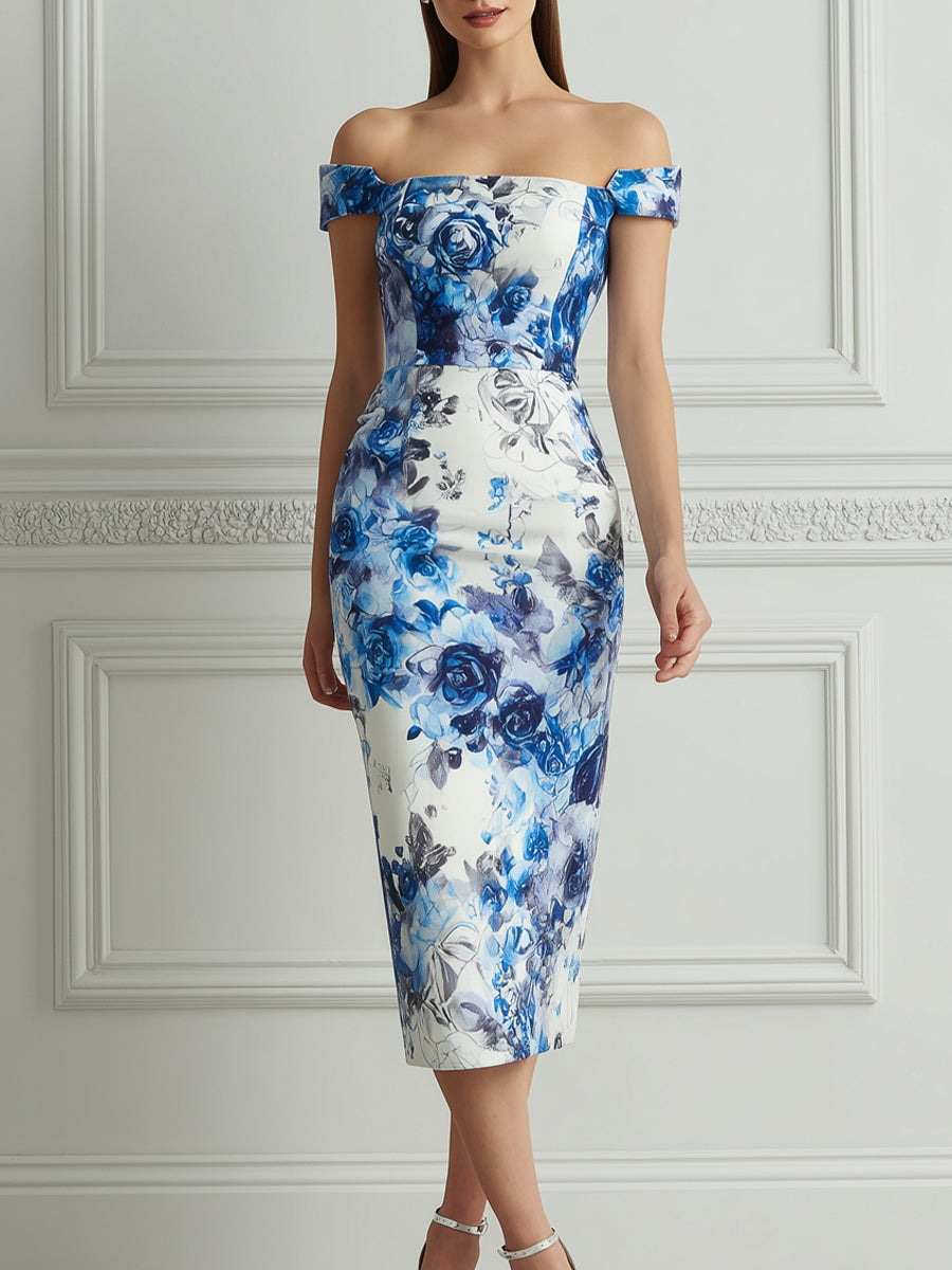 Elegant Blue Watercolor Floral Print Midi Dress