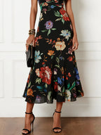 Black Floral Chiffon V Neck Short Sleeve Bell Sleeve A-Line Midi Dress