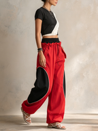 Dual-Waistband Red & Black Colorblock Baggy Cargo Pants