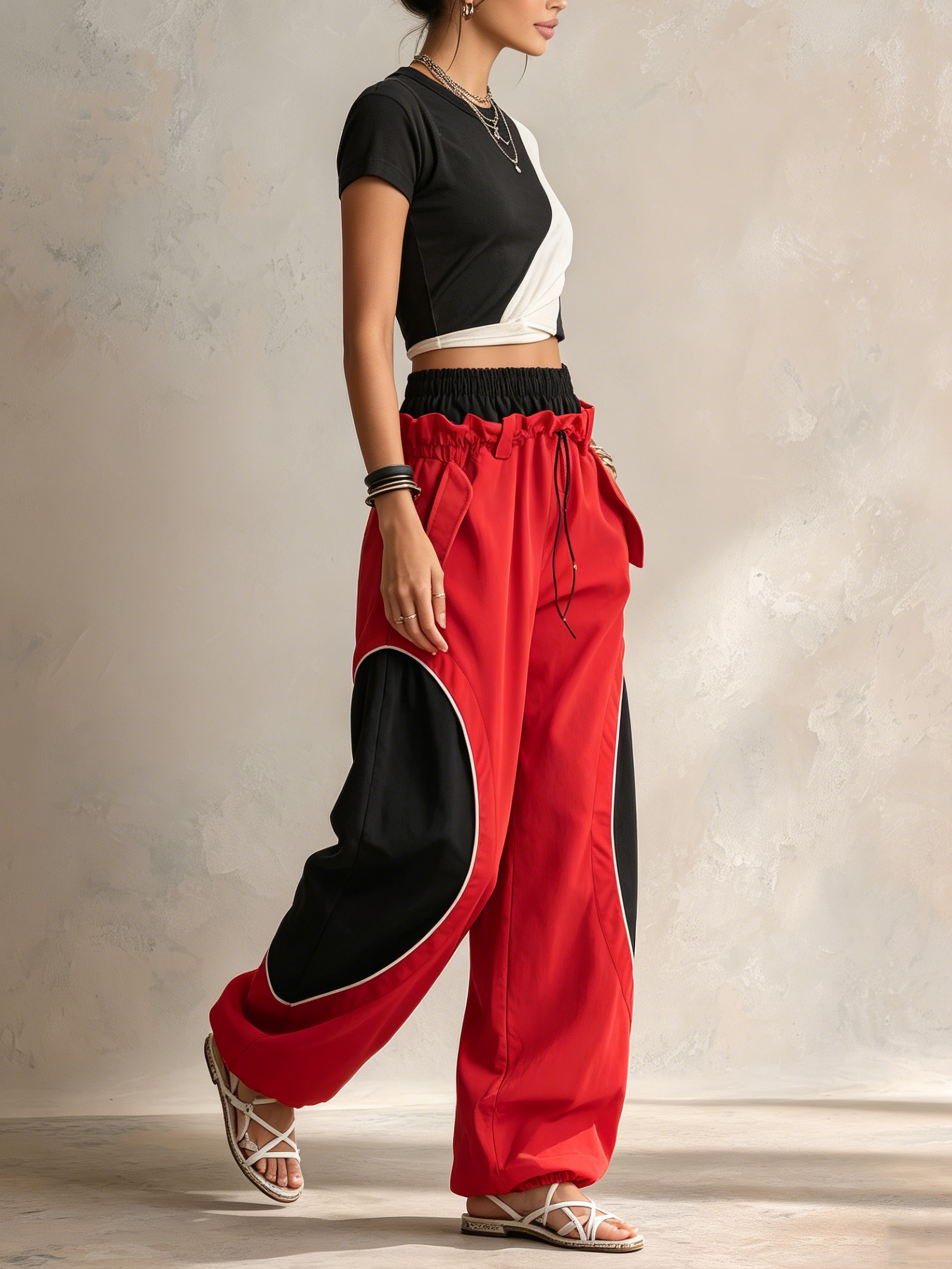 Dual-Waistband Red & Black Colorblock Baggy Cargo Pants