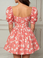Coral White Floral Puff Short Sleeve Mini Dress