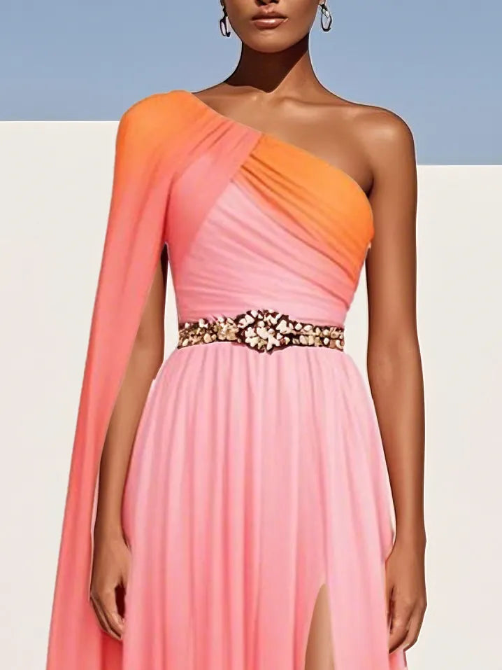 Orange Pink Side-Slit One Shoulder Sleeveless A-Line Gown Chiffon Dress
