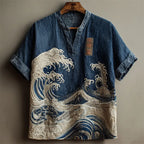 Japanese Great Sea Wave Denim Washed Linen Shirt