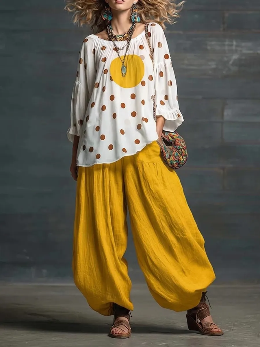 Artistic Color-block Polka Dot Cotton-linen Two-piece Set