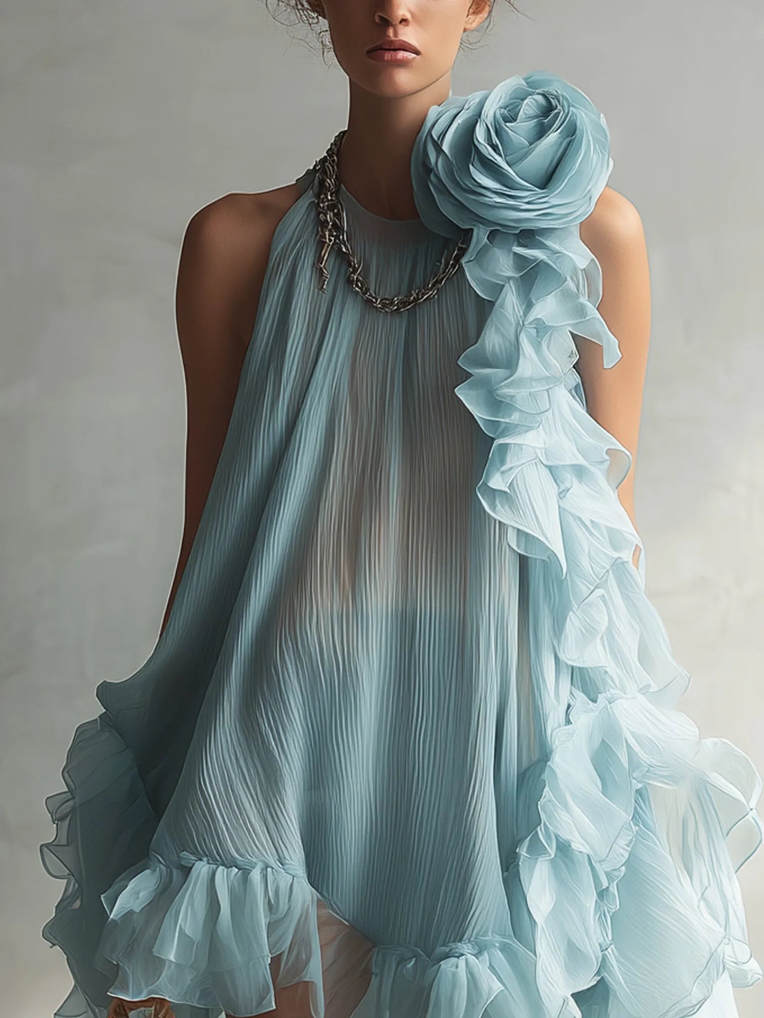 Blue Chiffon Mini Dress With Ruffles And 3D Floral