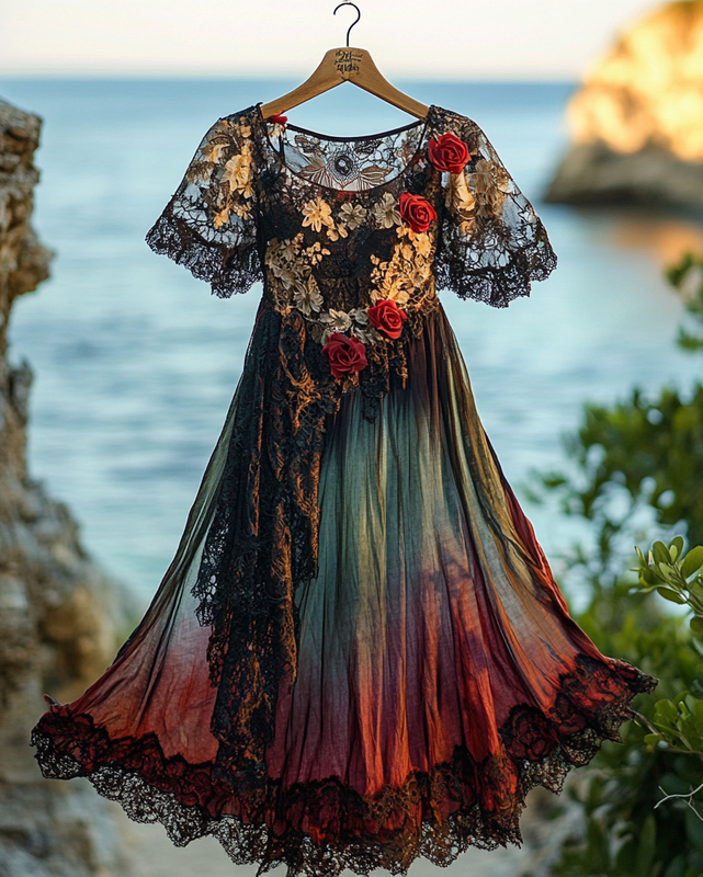 Summer Vacation Bohemian Hand Embroidered Lace Chiffon Dress 8550
