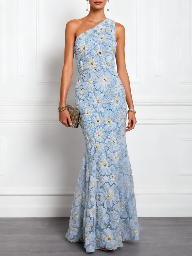 Light Blue Jacquard Beaded 3D Floral Lace One Shoulder Sleeveless Mermaid Gown Dress
