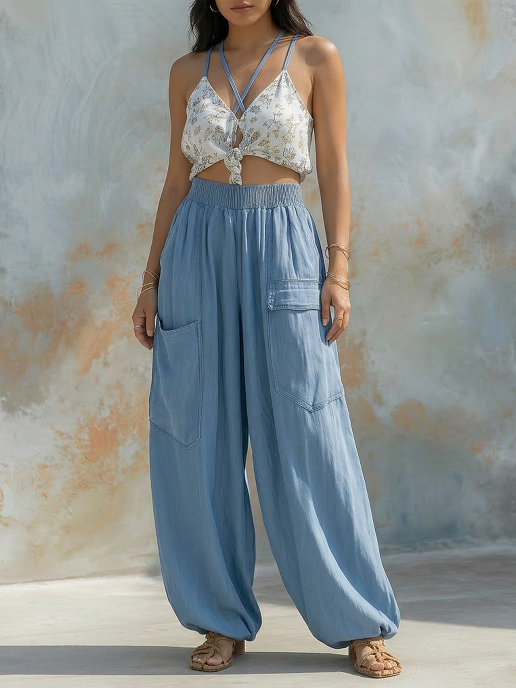 Light Blue Denim High Waist Wide Leg Cargo Pants