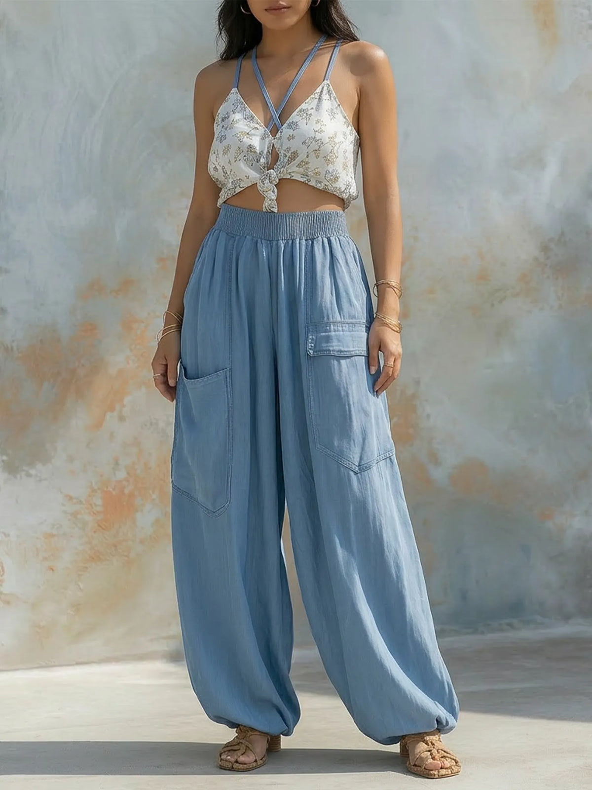 Light Blue Denim High Waist Wide Leg Cargo Pants