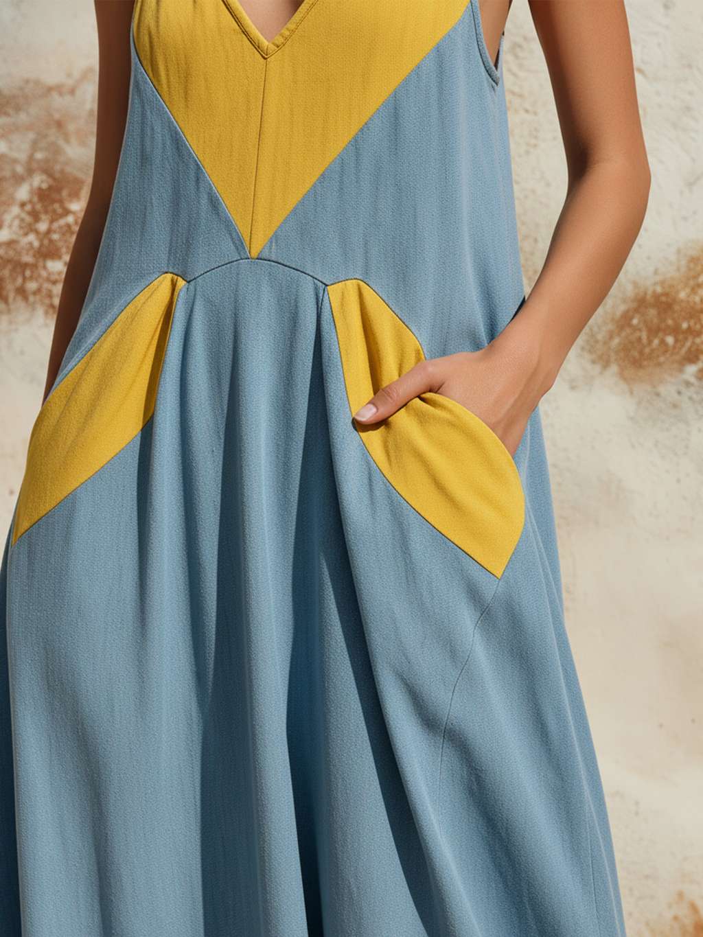 Two-Tone Denim Slip Maxi Dress With Pockets