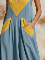 Two-Tone Denim Slip Maxi Dress With Pockets