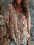 Women's Floral Embroidered Art Flowy Linen Blend Short Sleeve Casual Tops