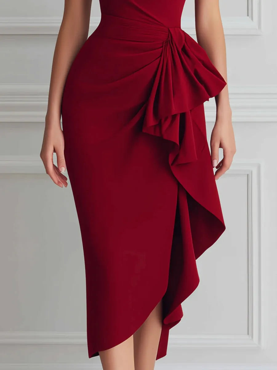 Asymmetric Draped Ruffle Waist Midi Dress