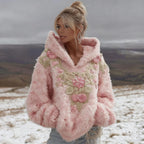 Women's Vintage Pink Floral Embroidered Art Cozy Plush Hoodie