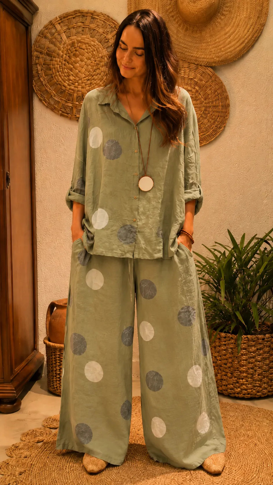 Women's Polka-Dot Linen Two-Piece Set