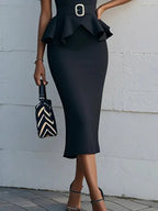 Black Peplum Sweetheart Neckline Puff Sleeve Sheath Midi Dress With Belt