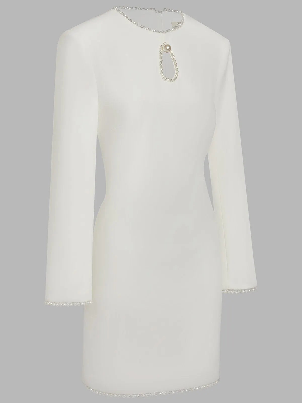 White Faux Pearl Cut Out Classic Crew Neck Long Sleeve Sheath Mini Dress