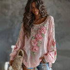 Women's Floral Embroidered Art Print Flowy Linen Blend Casual Tops