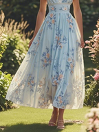 Light Blue Faux Pearl Floral V Neck A-Line Maxi Chiffon Dress