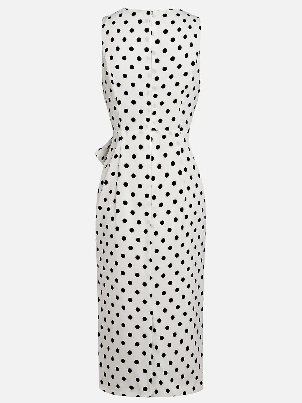 White Polka Dots Bow Classic V Neck Sleeveless Sheath Midi Dress