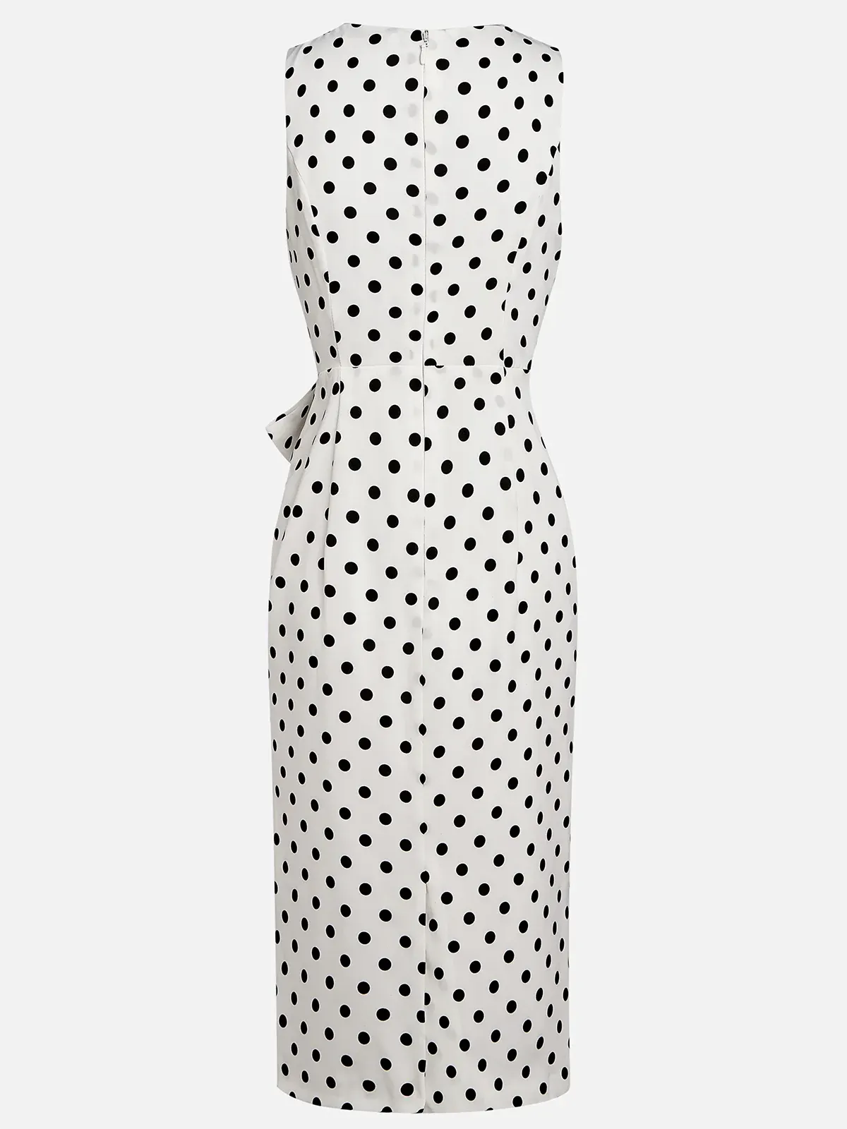 White Polka Dots Bow Classic V Neck Sleeveless Sheath Midi Dress